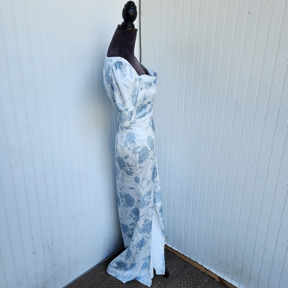 NWOT AW BRIDAL Dusty Blue White Peonies Satin Floral Mermaid Puff Sleeve Sz 0 - Picture 8 of 16